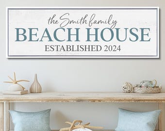 Puede incluir: Un letrero rectangular blanco con textura de madera desgastada que presenta el texto the Smith family BEACH HOUSE ESTABLISHED 2024 en letras gris oscuro y azul, encerrado en un borde fino de color gris oscuro sobre un fondo blanco.