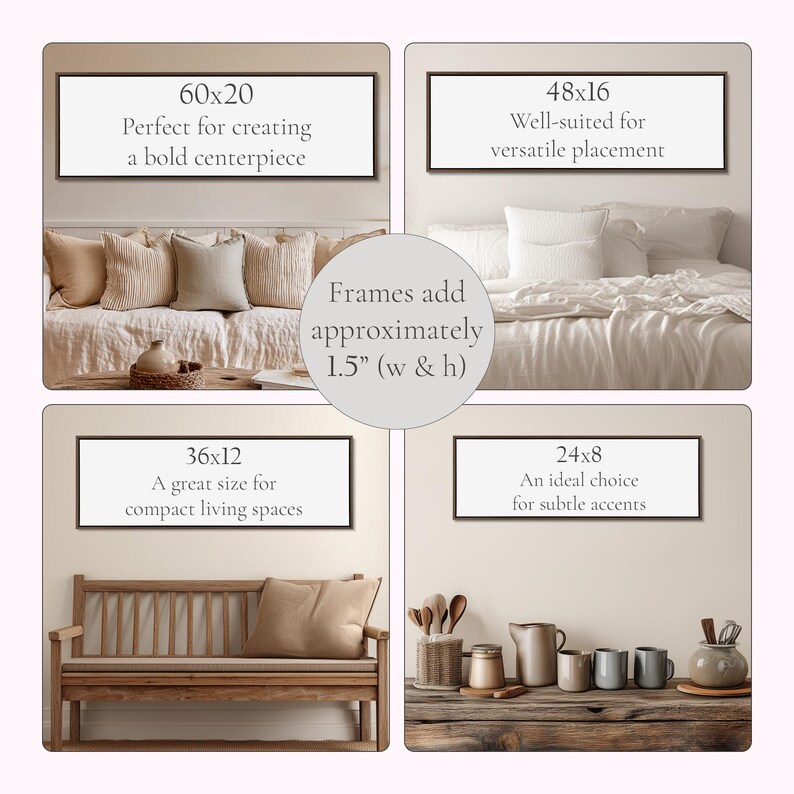 The image is a collage of four different framed artworks, each with a unique size and style, and each with a different description.