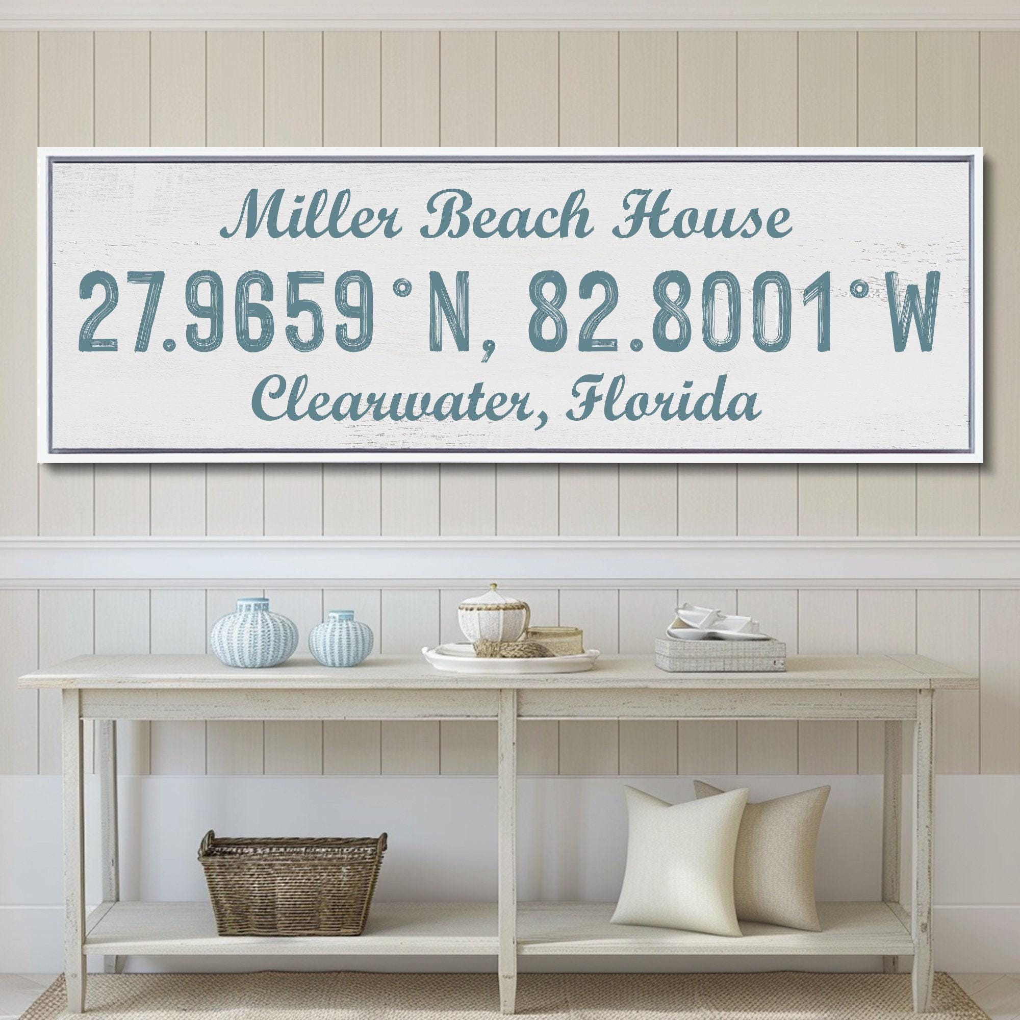 Custom Beach House Signs, Beach House Sign With Coordinates, Personalized Beach House Decor
