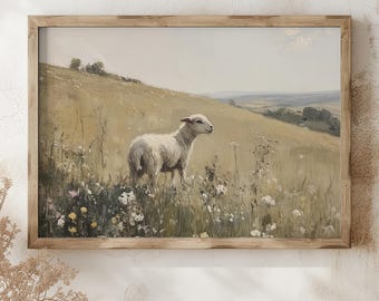 May include: A framed painting of a white lamb standing in a field of wildflowers. The lamb is looking to the right of the image. The background is a rolling green hill with a blue sky.