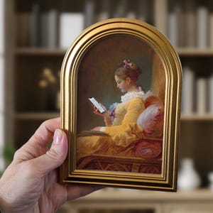 Gold Arched Frame with Modern Reading Girl Art Print: Book Lover Decor