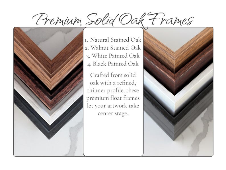 a collection of premium solid oak frames, each with a different color and finish, arranged in a visually appealing manner.