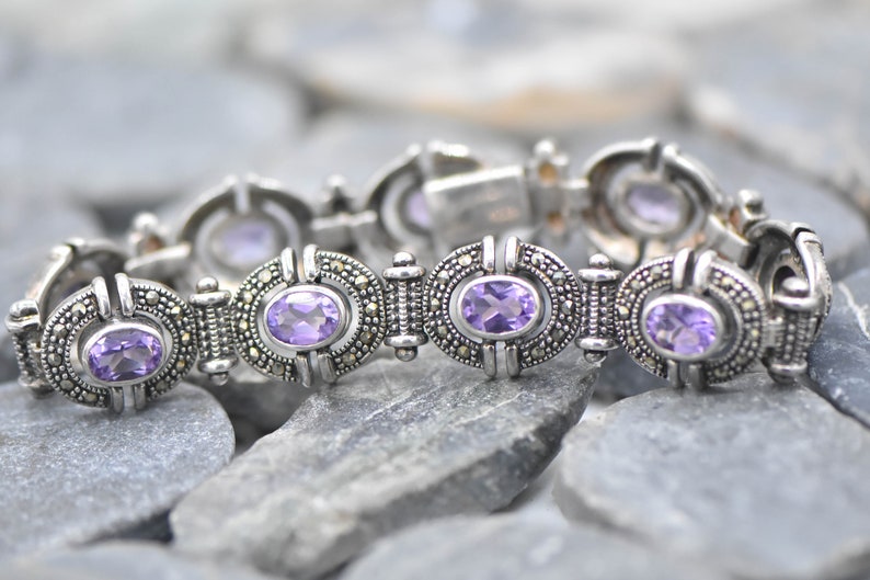Sterling Silver Maracite and Amethyst Bracelet