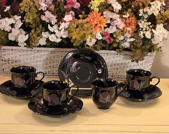 Vintage Mikasa Rondo EJ 702 Tango Black Floral Teacup & Saucer Set of 4