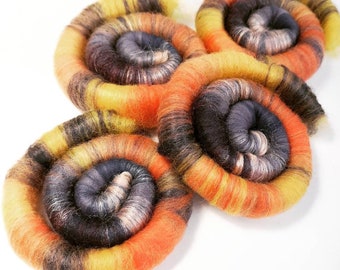Naturally dyed art batt/ set of rolags 'Pansies and Marigolds' wool and silk roving (Phatfiber)