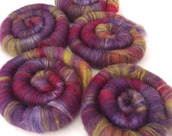 Naturally dyed art batt/ set of rolags 'Prince would have liked it' wool, alpaca and tussah silk roving with a bit of sparkle (Phatfiber)