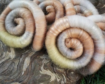 All-Naturally dyed roving, set of rolags/ art batt ‘Almost like Cinnamon Rolls', wool and silk roving, natural fibre mix roving
