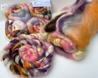 All-naturally dyed art batt/ set of rolags/ art braids 'Autumn Rose', wool and silk roving