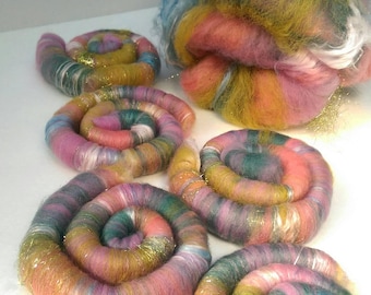Naturally dyed art batt/ set of rolags 'Medusa's Summer' wool and silk roving, roving or rolags in naturally dyed fibre and colour mixes