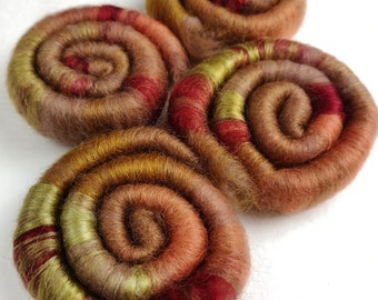 Naturally dyed set of rolags/ art batt 'Fall-Out', wool and silk roving