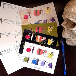 Postkarten, Kunstdrucke, Skelettschaukel, Skelette, Tanz, Regenbogen, Stolz, Wundervoll, Makaber, Mixed-Media Kunstwerk, Individuell oder Set x4
