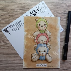 Postkarten, Kunstdrucke, das Trio: Fell ElyG, Niedlich, Wunderlich, Teddybären, Plüschtiere, Freundschaft, Verspielt, Traditionelle Mischtechnik