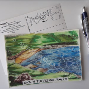 Cartão postal, impressão artística, Ghajn Tuffieha, mar, paisagem, marítimo, local, esboço, arte de mídia mista, Malta
