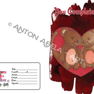 Carte, ours en peluche, ours, mignon, coeur, amour, dessin imprimé, Limited Edition, Mixed Media Art non conventionnelle de la Saint-Valentin, carte de format A5
