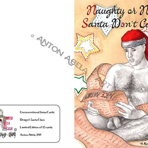 Unkonventionelle Weihnachtskarte, Xmas, Männlich, frech, Erwachsene, Nacktheit, erotisch, sinnlich, Zeichnung Druck, limitierte Auflage, Mosaikbild