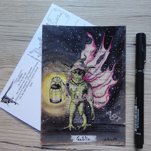 Postkarte, Kunstdruck, Goblin, Drawlloween, Inktober, Halloween, Folklore, Horror, maltesische Tradition, Lampenlichter, Mixed Media Kunstwerk