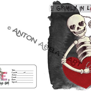 Carta, orrore, morboso, scheletro non convenzionale San Valentino, cranio, carino, cuore, disegno Stampa, Limited Edition, opera d'arte mista, A6 Card