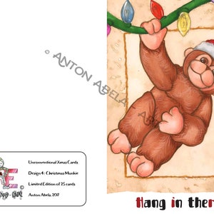 Carte de Noël non conventionnelle, Noël, Munkie, lunatique, Fun, décalé, effronté, fête, dessin imprimé, en série limitée, oeuvre mixte