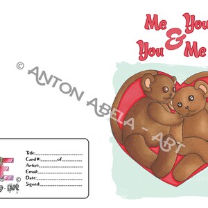Carte, ours en peluche, ours, mignon, coeur, amour, dessin imprimé, Limited Edition, Mixed Media Art non conventionnelle de la Saint-Valentin, carte de format A5