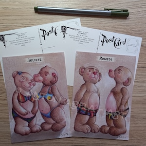 Postkarte, Kunstdruck, Romeos, Juliets, Teddies, Liebe, Stolz, Niedlich, Wunderlich, Regenbogen, Kunst, traditionelle Mischtechnik, Individuell oder Set x2