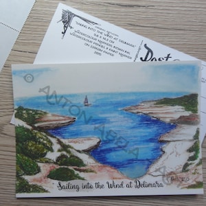 Cartolina, Stampa artistica, Vela nel vento a Delimara, Paesaggio marino, Paesaggio, Marittimo, Barca, Schizzo, Locale, Malta Opere d'arte mixed-media