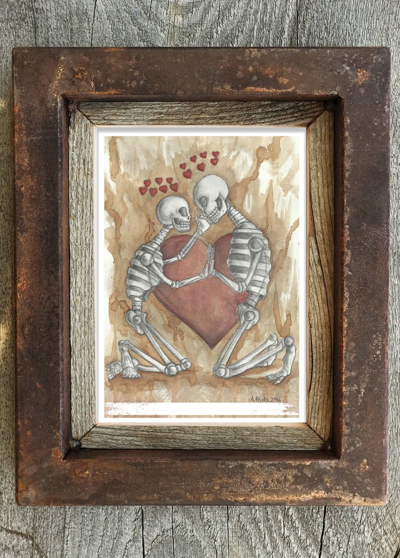 Traditional Mixed Media Love Limited Edition Skeletons Dark When 2 Are Connected to the Heart Unconventional Print Cute Prints Art