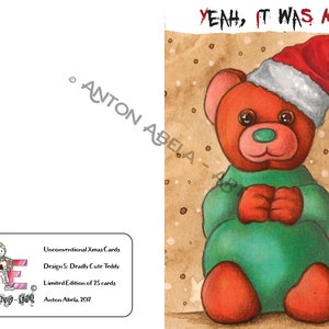 Carte de Noël non conventionnelle, Noël, horreur, morbide, Teddy Bear, Bear, mignon, bizarre, impression de dessin, en série limitée, mixte Media Art