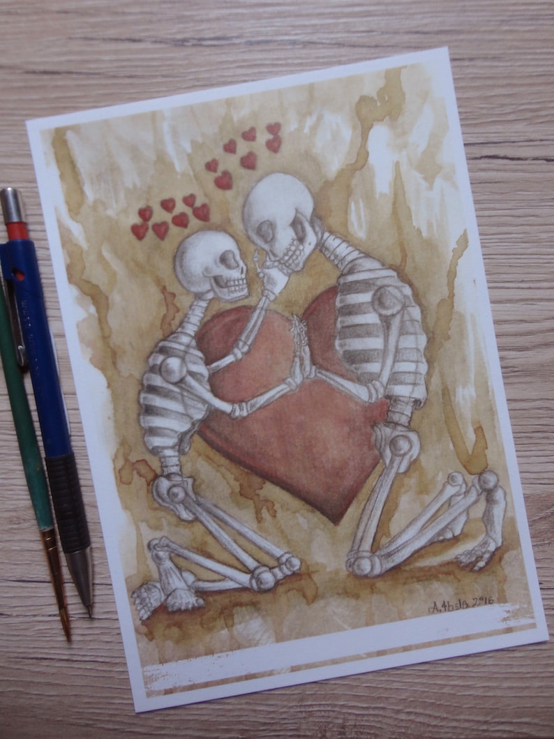 Traditional Mixed Media Love Limited Edition Skeletons Dark When 2 Are Connected to the Heart Unconventional Print Cute Prints Art