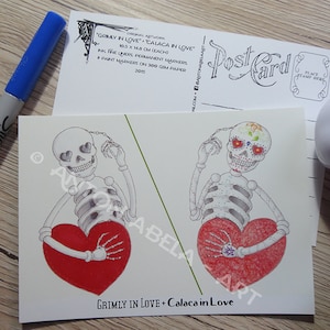 Postkarte, Art Print, Skelett, Schädel, Dia de Los Muertos, niedlich, wunderliche, Halloween, Liebe, Horror, Mosaikbild