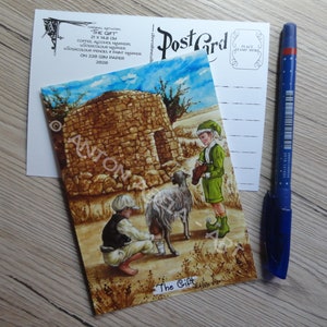 Postkarte, Kunstdruck, das Geschenk, lokale junge Ziege Herder, maltesische Ziege, Elfe, Feld, Figuren, Weihnachten, Zeichnung Drucke, Mixed Media Kunstwerk