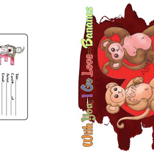Carte, Munkies, lunatique, Fun, décalé, impertinent, dessin imprimé, édition limitée, Mixed Media Art non conventionnelle de la Saint-Valentin, carte de format A5