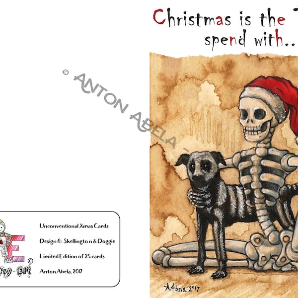 Unconventional Christmas Card, Xmas, Horror, Canine <3, Skeleton, Skull, Dark, Weird, Drawing Print, Limited Edition, Mixed Media Artwork