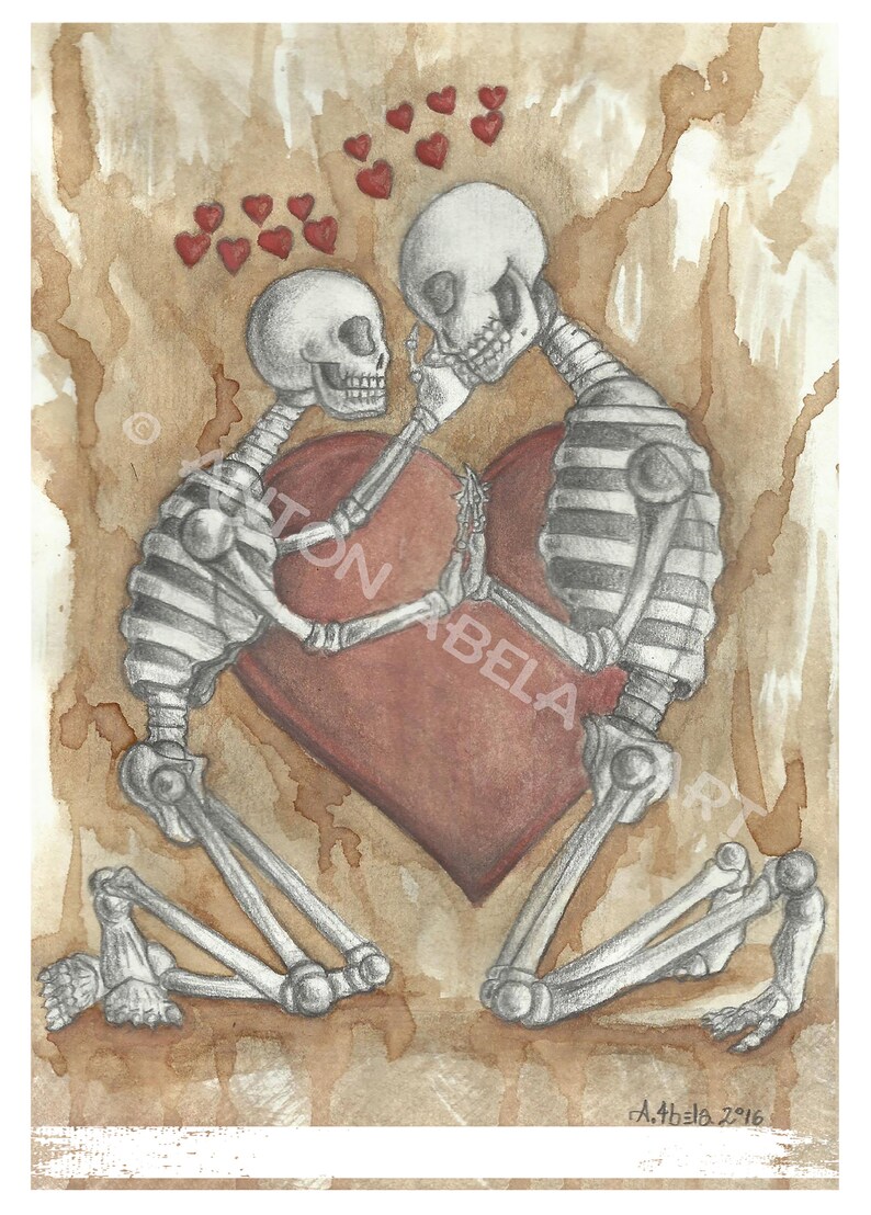 Traditional Mixed Media Love Limited Edition Skeletons Dark When 2 Are Connected to the Heart Unconventional Print Cute Prints Art