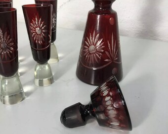 Glaskaraffe + 6 Gläser Art Deco Böhmisches Glas