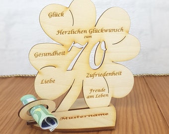 Cadeau pour un 70e anniversaire, cadeau en argent avec ou sans texte souhaité, trèfle 11,7 cm ou 16 cm, décoration de table en bois
