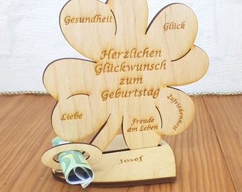 Geschenk zum Geburtstag, Herzlichen Glückwunsch zum Geburtstag, Kleeblatt 11,7 cm Geldgeschenk Tischdekoration aus Holz