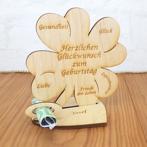 Geschenk zum Geburtstag, Herzlichen Glückwunsch zum Geburtstag, Kleeblatt 11,7 cm Geldgeschenk Tischdekoration aus Holz