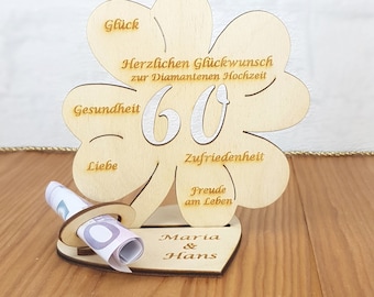 Cash gift for the diamond wedding 60 years married, wooden clover leaf with congratulations, desired text possible