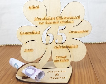 Geschenk zur Eisernen Hochzeit 65 Jahre heiratet, Kleeblatt mit Glückwünsche, Wunschtext möglich, Deko aus Holz