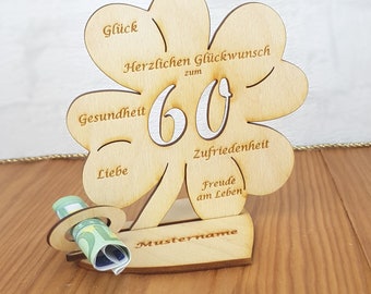 Cadeau pour un 60e anniversaire, cadeau en argent avec ou sans texte souhaité, trèfle 11,7 cm ou 16 cm, décoration de table en bois