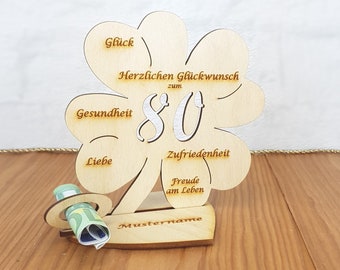 80th birthday gift, cash gift with or without personalized text, 11 cm or 16 cm clover leaf, wooden table decoration