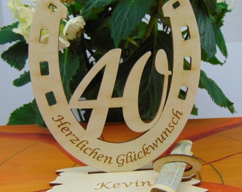 Hufeisen zum 40. Geburtstag, Geldgeschenk Gutscheingeschenk Glückwunsch & Zahl 40 im Hufeisen, Glück