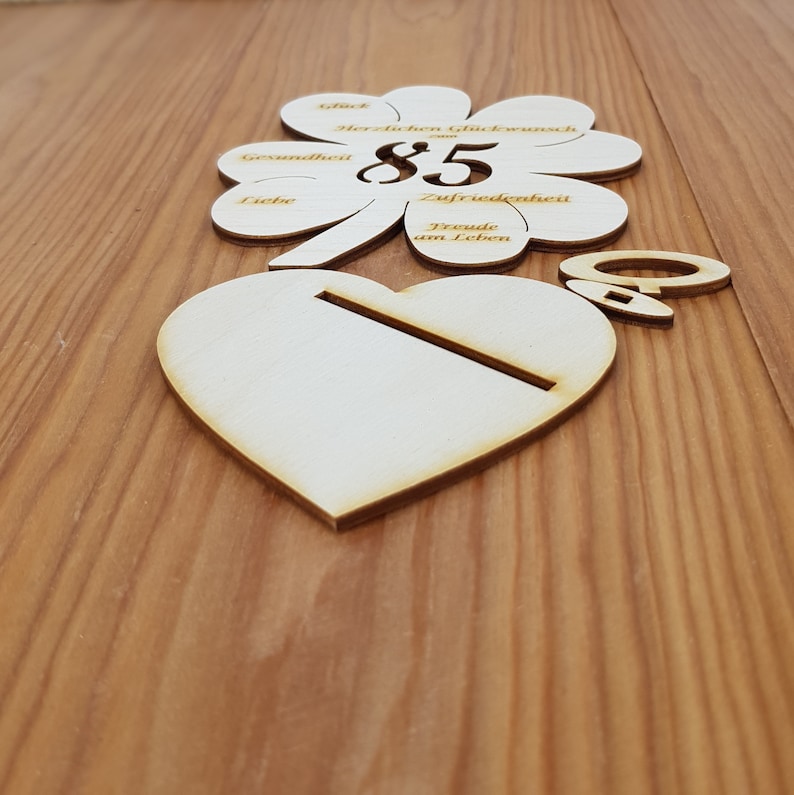 Gift for the 85th birthday, 11 cm or 16 cm clover leaf, money gift with or without desired text, wooden table decoration image 5
