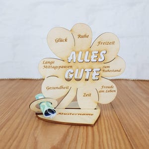 Geschenk zum Ruhestand, Rente, Kleeblatt Holz, 11,7 cm, Geldgeschenk mit und ohne Wunschtext, Tischdekoration aus Holz
