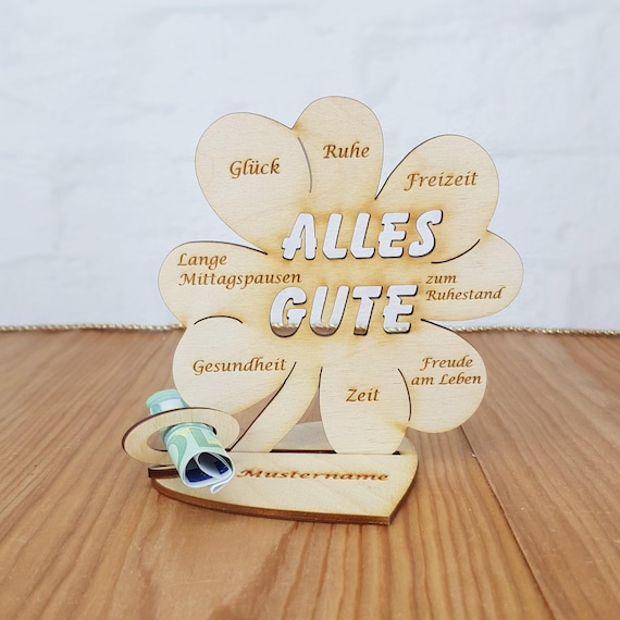 Geschenk zum Ruhestand, Rente, Kleeblatt Holz, 11,7 cm, Geldgeschenk mit und ohne Wunschtext, Tischdekoration aus Holz