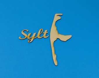 Sylt Schriftzug und Grundriss Insel Sylt aus Holz zum Basteln, Fotokollagen, von 5 cm bis 20 cm