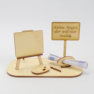Geldgeschenk für Künstler, Staffelei mit Pinsel, Malerpalette, Bauset, für Maler als Geburtstagsgeschenk, Set ist aus Holz K4
