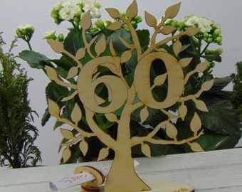 Tree with birthday number (anniversary number) 60 and engraved foot with congratulations