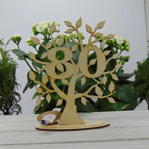 Present for voucher or money, tree of life with digit 80, birthday present with engraved pedestal, Congratulations, 16 cm, money present