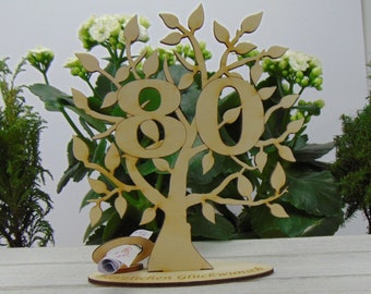 Present for voucher or money, tree of life with digit 80, birthday present with engraved pedestal, Congratulations, 16 cm, money present